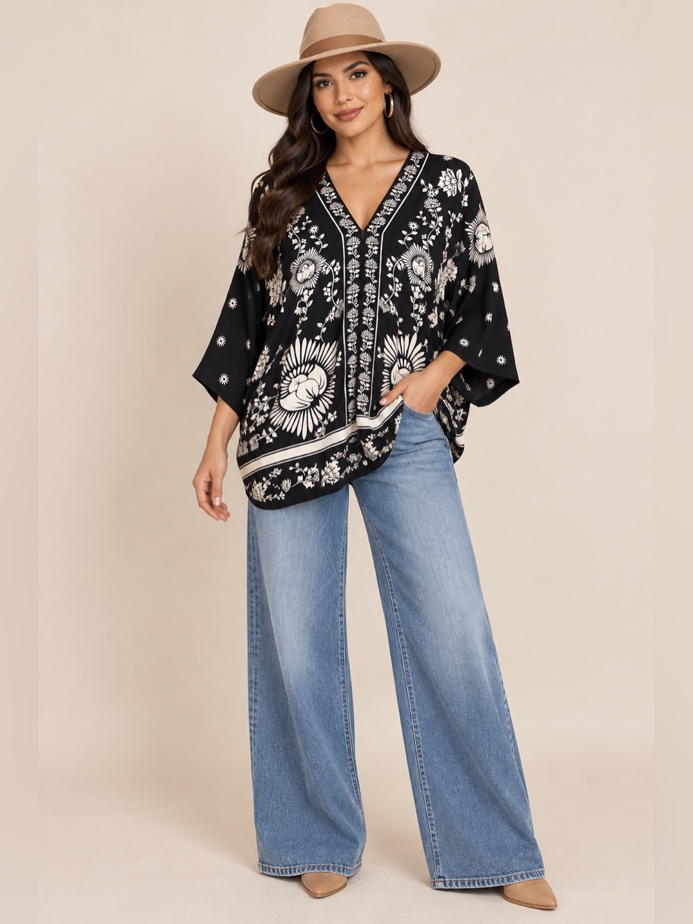 Rose & Olive Black and Cream Floral V-Neck Boho Blouse - Picture 3 of 8